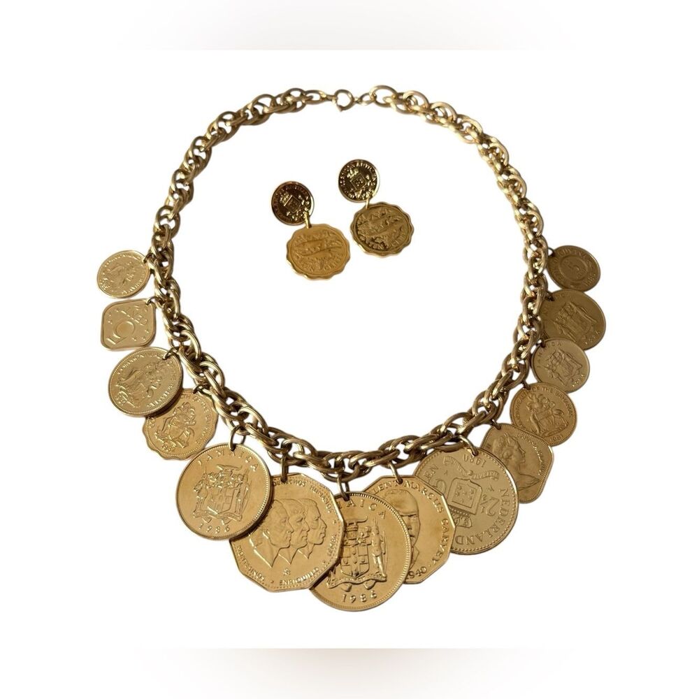Franklin Mint 24K Gold Plated Caribbean Coin Charm Necklace Set